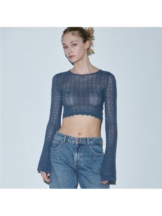 Zara Tops - Zara Pointelle Knit Bell Sleeve Top – Blue – Size M